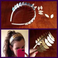 three pictures show how to make a headband out of paper leaves and metal strips