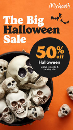 the big halloween sale is 50 % off on all skeleton heads and skulls for $ 5 99