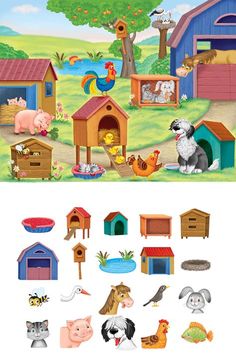 the farm scene with animals and their houses