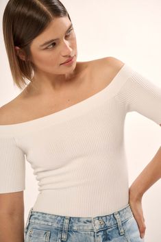 Shaper Fit Off-Shoulder Rib-Knit Bodysuit - ShopPromesa Summer Ribbed Bodycon Tops, Ribbed Bodycon Summer Tops, Ribbed Bodycon Tops For Summer, White Fitted Off-shoulder Knit Top, Chic Seamless Bodycon Top, Off-shoulder Stretch Bodysuit, Elegant Off-shoulder Stretch Knit Top, Fitted Off-shoulder Knit Top, Stretch Elastane Off-shoulder Bodysuit