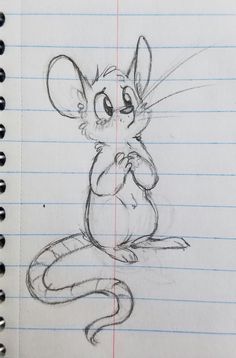 a pencil drawing of a mouse sitting on top of a piece of paper with writing underneath it