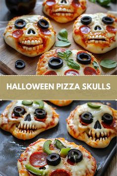 halloween pizza skulls with olives, pepperoni and peppers on them are ready to be eaten