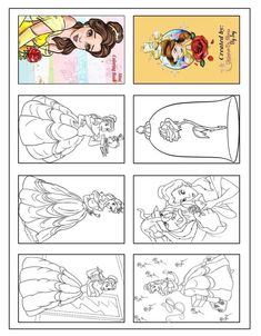 the disney princess coloring pages are shown in black and white, with pictures of each character