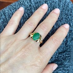 Description: 14k Yellow Gold Oval Jade Ring Item No.: R00026 Metal Type: 14k Gold, Not Filled Or Plated Metal Color: Yellow Gold Type Of Stone: Glass Jade And Cubic Zirconia Measurement: Size 6.25. Jade: 12 X 8 Mm Approximate Weight: 3.19 Gram(S) Brand New With Gift Box Gold Oval Emerald Ring With Prong Setting, Oval Gold Emerald Ring For Anniversary, Gold Oval Emerald Ring For Formal Occasions, Oval Emerald Ring In Yellow Gold With Prong Setting, Formal Gold Emerald Oval Ring, Gold Oval Emerald Gemstone Ring, Elegant Yellow Gold Oval Emerald Ring, Yellow Gold Emerald Ring With Oval Cabochon For Anniversary, Formal Yellow Gold Emerald Ring With Oval Shape