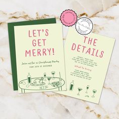 two cards with the words'let's get merry'on them, sitting next to each other