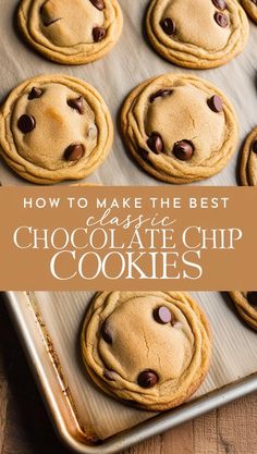 chocolate chip cookies on a baking sheet with text overlay