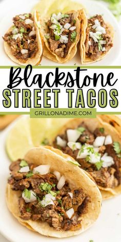 black stone street tacos on a white plate with limes and cilantro