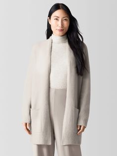 Cashmere Silk Bliss Long Cardigan | EILEEN FISHER Elegant Fall Sweater With Soft Texture, Elegant Sweater With Soft Texture For Layering, Elegant Long Sleeve Cardigan With Soft Texture, Elegant Soft Knit Loungewear Sweater, Elegant Soft Knit Sweater For Loungewear, Elegant Open Front Outerwear For Loungewear, Elegant Open Front Loungewear Outerwear, Elegant Cashmere Soft Knit Outerwear, Elegant Soft Knit Cashmere Outerwear