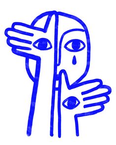 a drawing of a person holding their hand up to the side with one eye open