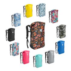 an assortment of different types of backpacks in various colors and sizes, all with straps