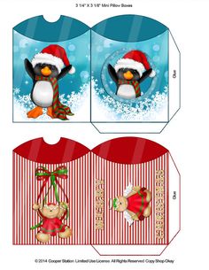 an origami box with a penguin in a santa hat and scarf on it