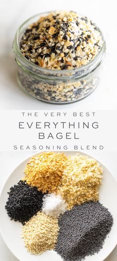 the best everything bagel seasoning blend is in a glass jar and on a white plate