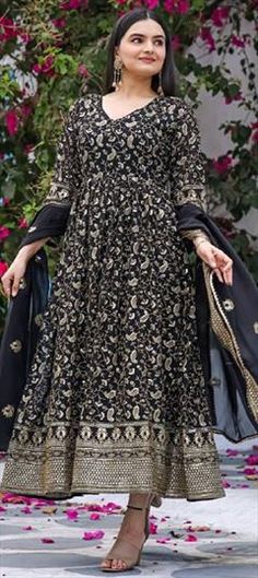 Black and Grey color Gown in Georgette fabric with Embroidered, Sequence, Thread work Black Long Sleeve Gown For Festive Occasions, Black Embroidered Gown For Reception, Black Embroidered Long Sleeve Gown, Black Long Sleeve Embroidered Gown, Elegant Black Floor-length Dress Set, Elegant Black Floor-length Set, Black Embroidered Anarkali Gown, Black Long Sleeve Dress For Reception, Black Wedding Gown With Floral Embroidery