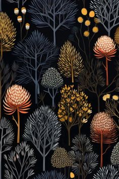 a painting of trees and flowers on a black background with oranges, yellows, and browns