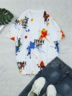 White Street  Short Sleeve Cotton Blends Graphic,Letter  Embellished Medium Stretch Summer Men Tops Style Reference, Men Tops, Paint Splatter, Mens Graphic Tee, Sleeve Cotton, Tie Dye Top, Mens Summer, Graphic Tee, Floral Tops