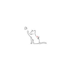 a black and white drawing of a cat playing with a ball in the air,