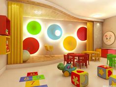 the children's room is decorated in bright colors