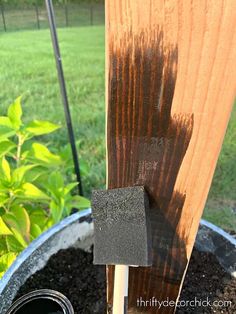 a potted plant next to a wooden pole with a square block on it in the dirt