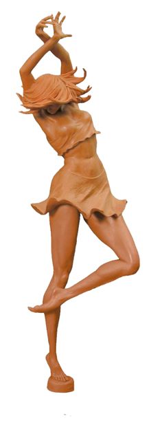 a wooden sculpture of a woman with her arms in the air