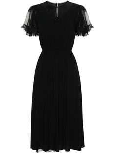 black silk lace panelling plissé effect ruffled trim round neck short sleeves A-line skirt full lining single rear button fastening Black Attire, Wardrobe Edit, Silk Lace, Party Outfits, Exclusive Fashion, Lace Panelled, Black Silk, A Line Skirt, Silk Dress