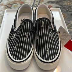 Vans Classic Slip-On 98 Anaheim Factory Black White Stripes Womens Size 5.5 Black Vans Sneakers For Summer, White Checkered Vans, Beige Vans, Checkerboard Vans, Vans Old Skool Low, Sk8 Hi Vans, Vans Old School, Checkered Vans, Pink Vans