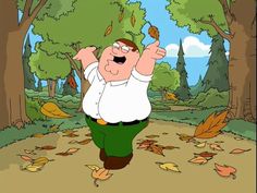 a cartoon character is walking in the woods with leaves on the ground and trees around him