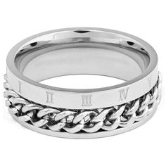 This intricate accessory for men features a chunky chain accent around the center along with Roman numerals etched on the surface. Crafted with nickel-free stainless steel. Roman Numeral Ring, Buy One Get One Free, Black Earrings, Ring Fit, One Ring, Buy One Get One, Roman Numerals, Chain Ring, Ring Silver