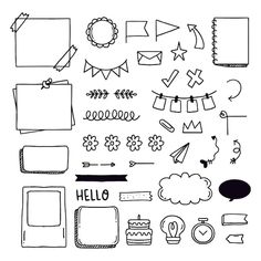 hand drawn doodles with different shapes and sizes on white paper, including the words hello