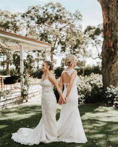 two brides holding hands and walking in the grass