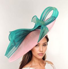 Candy Baby Bright Hot Pink Jade Green Statement Hatinator Kentucky Derby Fascinator Womens Ascot Headwear Ladies Day Hats Formal Fancy Hat Sweet Candy Pink & Jade Green Kentucky Derby Hat This gorgeous two colour large statement fascinator is made up with a large jade green abaca silk bow on an a large candy Pink saucer hatinator sinamay base. This pink and bright green fascinator measures 48cm wide or about 19 inches The jade green and pink headpiece is mounted with a matching headband.   If yo Wide Brim Party Hat With Bow, Adjustable Hats For Church Carnival, Party Hats With Ribbon And Short Brim, Party Hat With Ribbon And Short Brim, Party Hat With Bow And Curved Brim, Multicolor Brimmed Mini Hats For Party, Adjustable Mini Hats With Bow For Kentucky Derby, Fitted Brimmed Hat With Bow, Mini Hat With Bow For Kentucky Derby