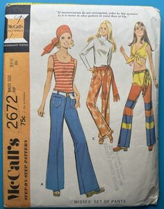 two women's pants and one woman's top are shown in this sewing pattern