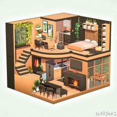 an image of a house that is cut into two levels and has furniture in it