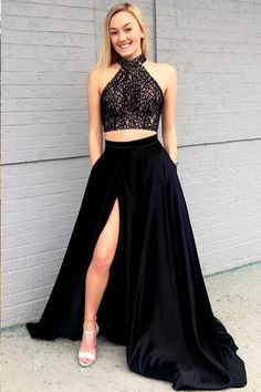 Side Split Prom Dress, Prom Dress Halter, Dress For Body Shape, Split Prom Dresses, Lace Prom Dresses, Cheap Prom Dresses Long, Halter Prom Dresses, Halter Dress Summer, Prom Dresses With Pockets