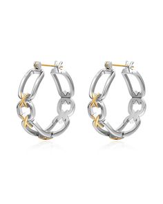 These chain hoops showcase the combination of two-tone metals. Earrings are 28mm x 26mm x 7.8mm x 1.5mm Each pair weighs 8.5g Made from brass Plated Gold and Silver 100% nickel-free and cadmium-free 1 year warranty Packaged in Luv Aj branded gift boxes Tarnish Resistant Silver Chain Link Earrings, Modern Metal Earrings With Hook Style, Modern Metal Earrings With Hooks And Links, Modern Hoop Earrings With Chain Detail, Modern Metal Link Hoop Earrings, Modern Linked Metal Hoop Earrings, Modern Metal Hoop Earrings With Chain Detail, Modern Chain Hoop Earrings, Personalised Jewellery Necklaces