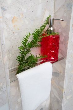 Pinterest pin image of Redblock RB3 Shower Niche Shelf with Xmas theme