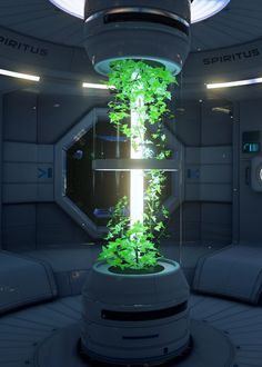 a futuristic room with plants growing out of it