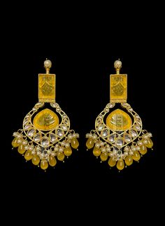 Yellow Indian bridal Kundan earrings with Pearl & Onyx now in USA Luxury Traditional Yellow Earrings, Indian Bridal Earrings, Embossed Metal, Kundan Earrings, Carved Designs, Onyx Earrings, Hammered Metal, Yellow Accents, Onyx Gemstone