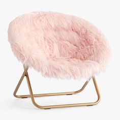 a pink chair with metal legs and a furry seat cover on it's back