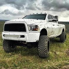 a large white truck parked on top of a lush green grass covered field with storm clouds in the background