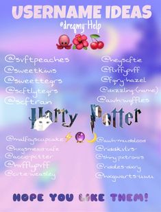 a harry potter poster with the words username ideas and other things to do on it