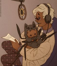 an older woman holding a baby in her arms and listening to music on headphones