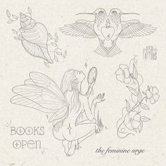 an image of some drawings on paper that say books open the feminine range is here