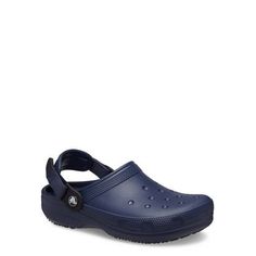 When youre on your feet working for long hours, the Classic Work Clog gives you the comfort and features that work as hard as you do. Designed with food service, hospitality and healthcare workers in mind, these clogs feature Crocs Lock slip-resistant tread, an adjustable backstrap, enclosed toe design, and a waterproof upper. These premium features combine with a light and supportive design to help you get through even the longest shifts. Size: M11.  Color: Blue.  Gender: unisex.  Age Group: adult. Work Sneakers, Healthcare Workers, Work Boots Men, Navy Shoes, Long Hours, Working Woman, Clogs Shoes, Blue Gender, Toe Designs