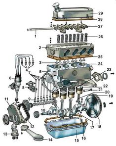 an engine diagram with parts labeled in the top right corner and bottom left corner,