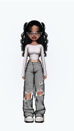 a girl with black hair and glasses standing in front of a white background wearing grey ripped jeans