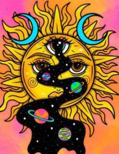 the sun and planets are depicted in this colorful painting