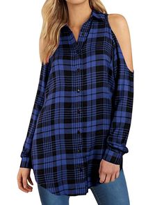 SUNNYME Womens Long Sleeve Cold Shoulder Tops Plaid Shirts Button Down Blouses Tunic Shirt at Amazon Women’s Clothing store Cold Shoulder Tops, Plaid Shirt Women, Pleated Tops, Womens Camisoles, Plaid Shirts, Cold Shoulder Long Sleeve, Cold Shoulder Blouse, Shoulder Tops, Crop Top Shirts