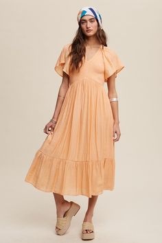 Skirt With Ruffle Hem, Darling Dress, Sleeve Midi Dress, Midi Dress With Sleeves, Tier Skirt, V Neckline, Tiered Skirt, Textured Fabric, Flutter Sleeves