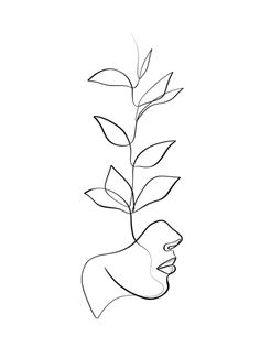 a line drawing of a woman's face with leaves on her head