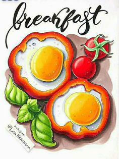 an illustration of eggs and tomatoes with the words breakfast written in cursive writing